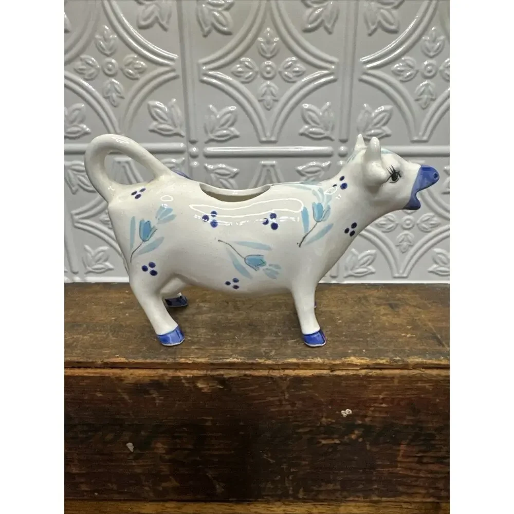 Vtg. Enesco Ceramic Cow Creamer Delft Blue Flowers GilmoreGirls Cottage Core